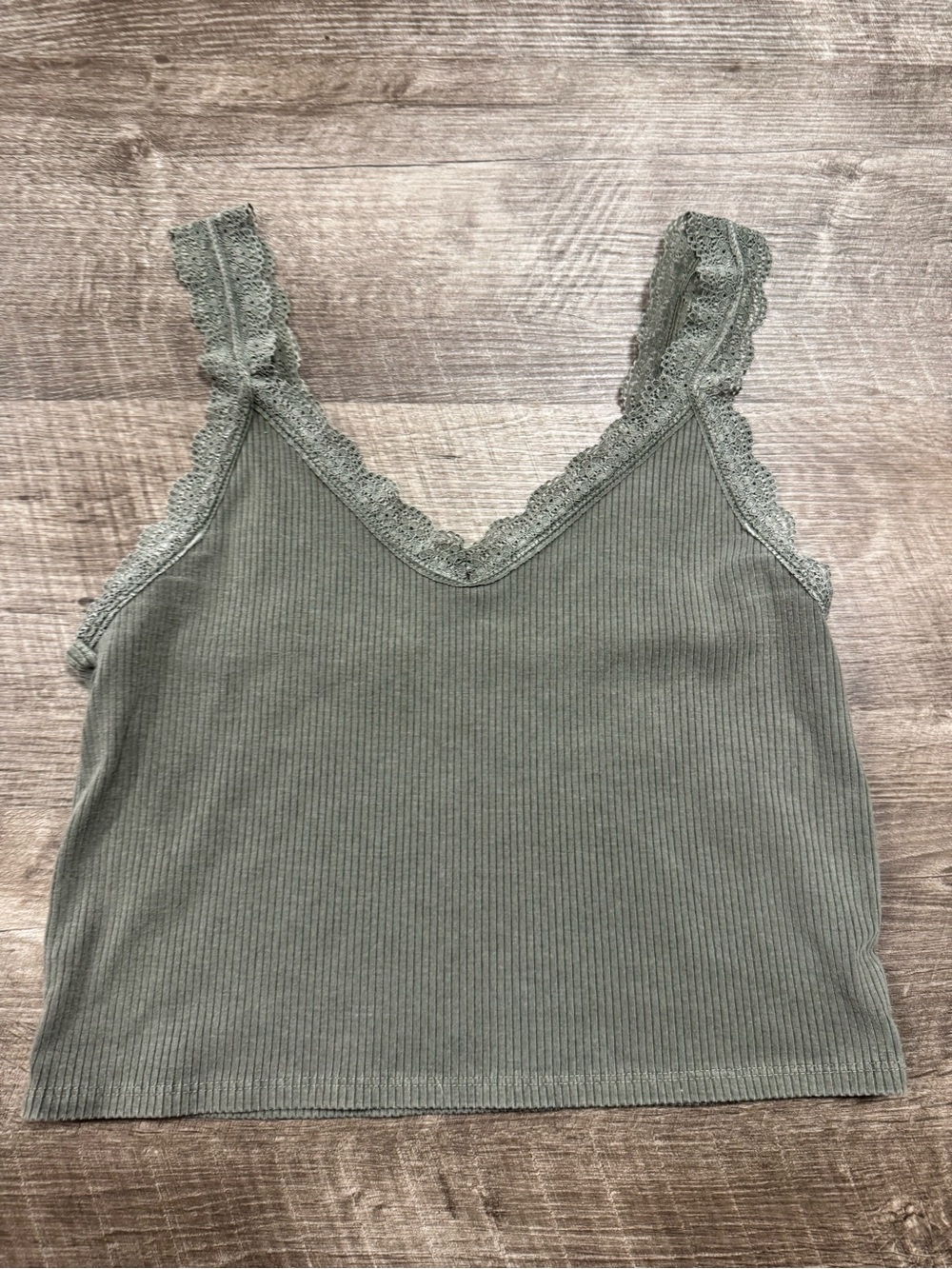 American Eagle Green Ribbed Tank Top Lace Trim Small